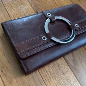 Embellished Wilson Leather Wallet Checkbook Holder Tiny Clutch in Rich Brown New